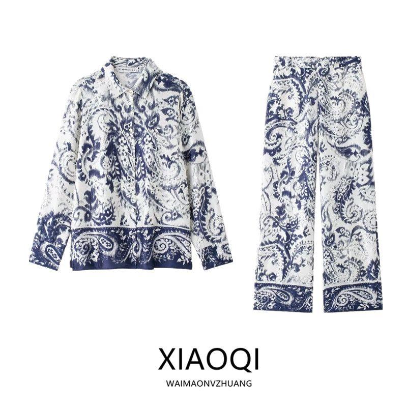 Fashion Style 2024 Autumn New Women's Clothing Slit Design Print Long Sleeves Lapel Shirt Pants 8955174