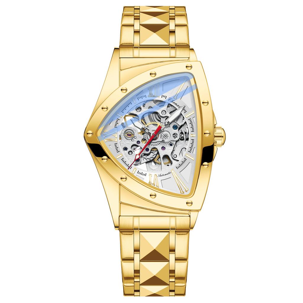 Автоматические мужские часы класса люкс из нержавеющей стали с треугольным циферблатом, механические наручные часы-скелетоны, водонепроницаемые, светящиеся часы