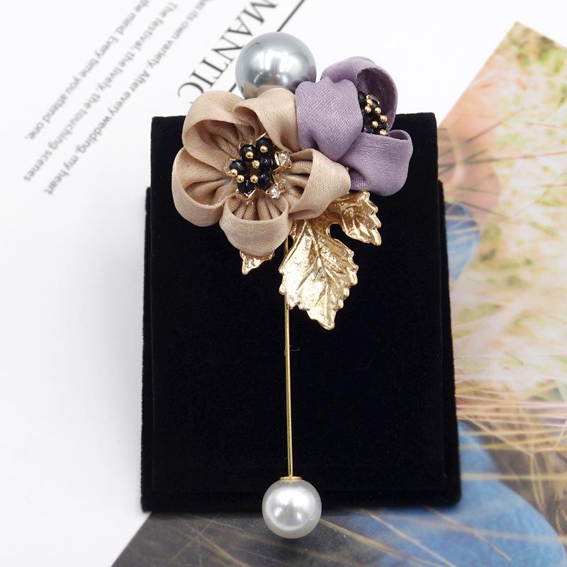 Women Cloth Art Pearl Fabric Flower Brooch Cardigan Shirt Shawl Pin Coat Badge Jewelry Accessories