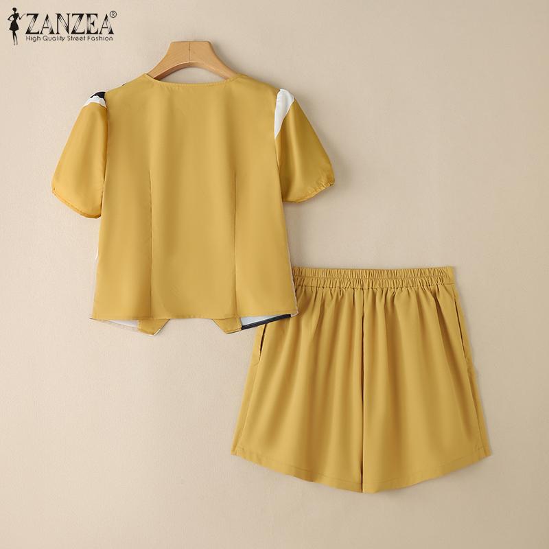 ZANZEA Женский летний комплект из двух частей: блузка с коротким рукавом и шорты с принтом
