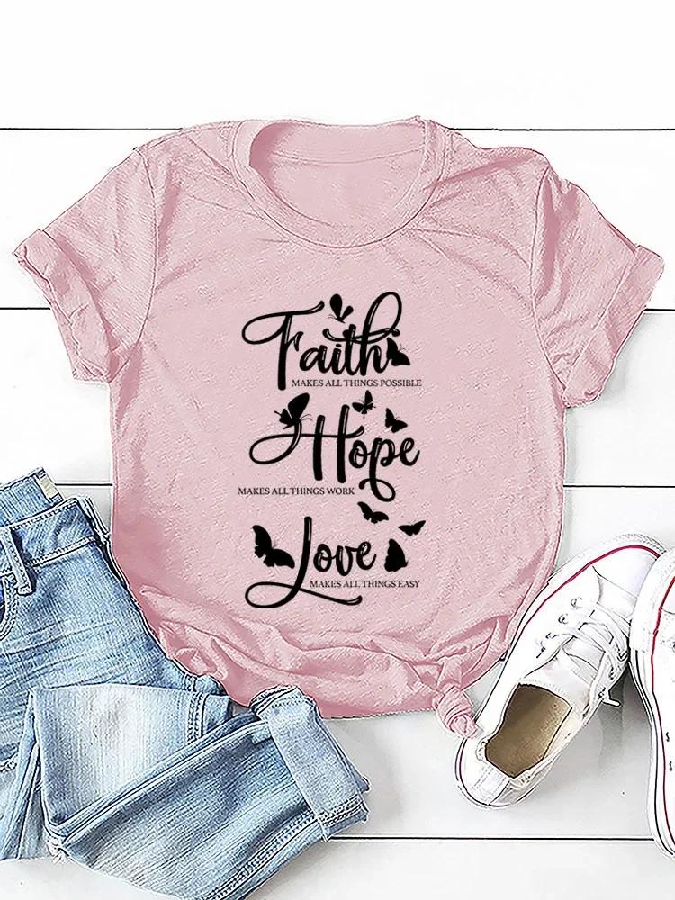 Вера Надежда Любовь Принт Бабочки Женская Футболка Короткий Рукав Круглый Вырез Свободная Женская Футболка Женская Футболка Топы Camisetas Mujer