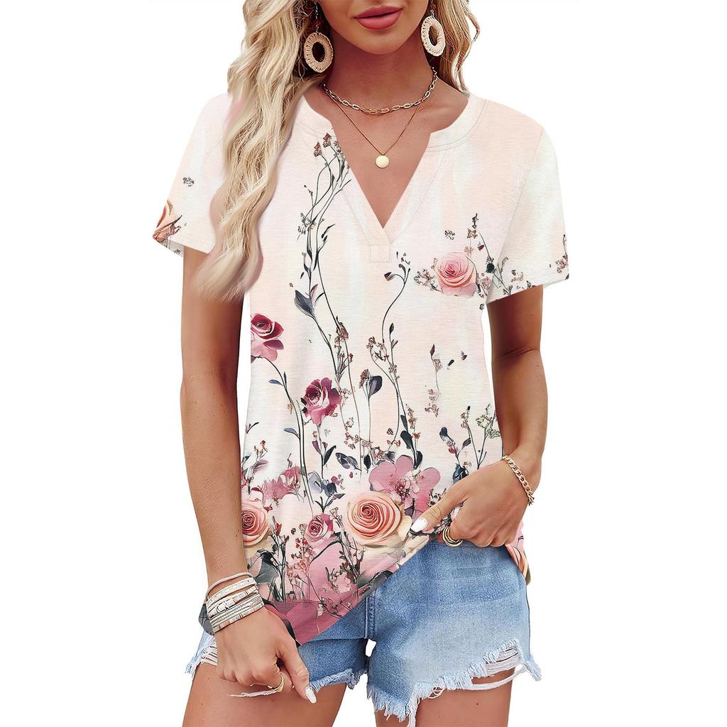 Женская летняя рубашка с коротким рукавом и V-образным вырезом с цветочным принтом, деловая повседневная свободная футболка, трендовая модная одежда, топы