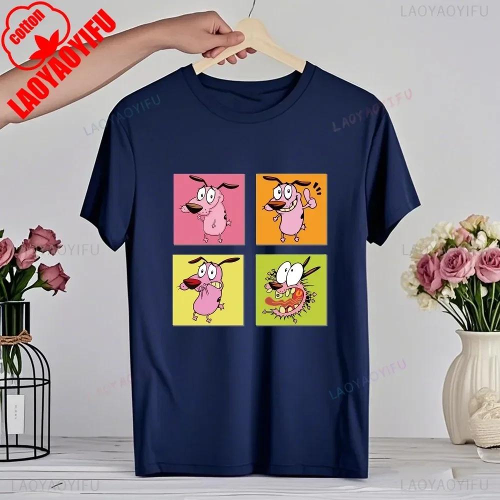 Мультяшная футболка 90-х «Кураж — трусливый пес» Ретро Уличная мода Летняя одежда Топы Подарок Мужчины Женщины Пара Хлопковые футболки