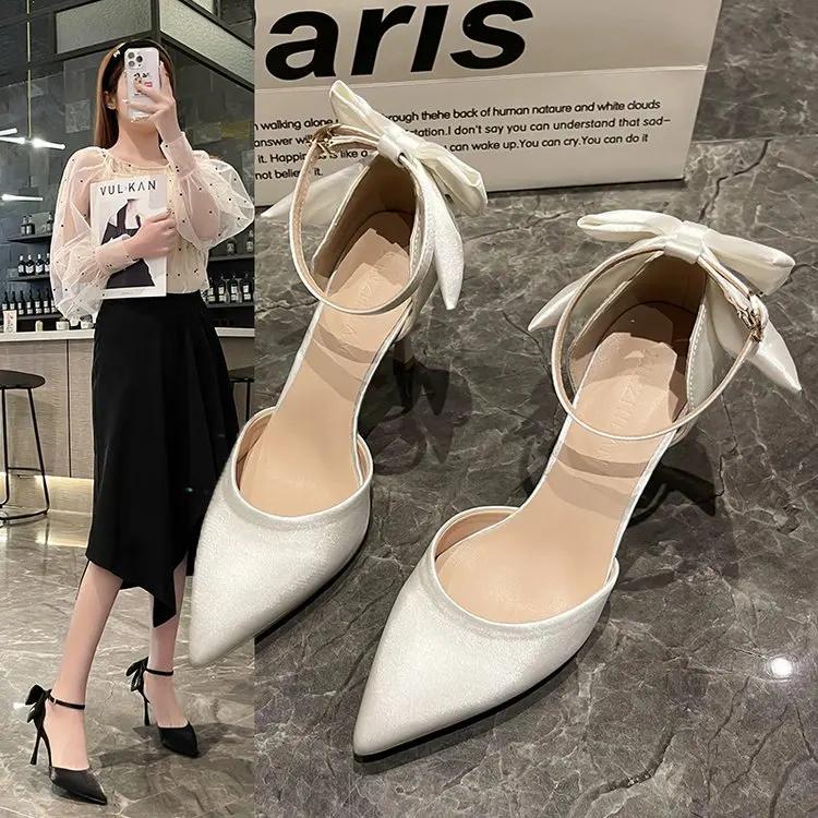 Модные элегантные туфли-лодочки с бантом на тонком каблуке, женские туфли с острым носком и ремешком на щиколотке, свадебные туфли для вечеринок, летние босоножки, женские туфли на высоком каблуке для невесты