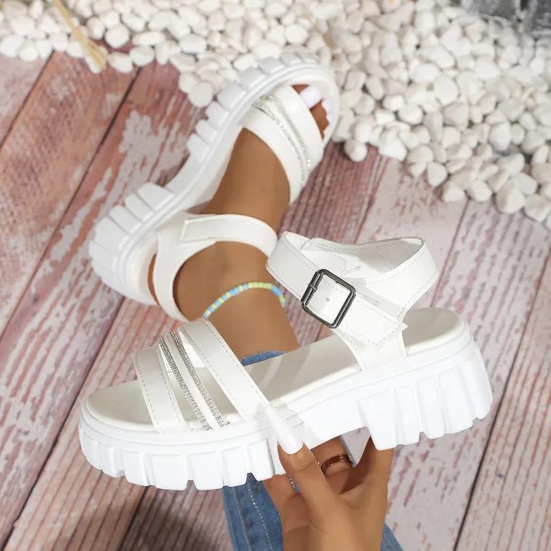 Модная обувь для женщин 2024 года, высококачественные женские сандалии с ремешком на щиколотке, летние с открытым носком и пряжкой, однотонные повседневные сандалии на платформе больших размеров