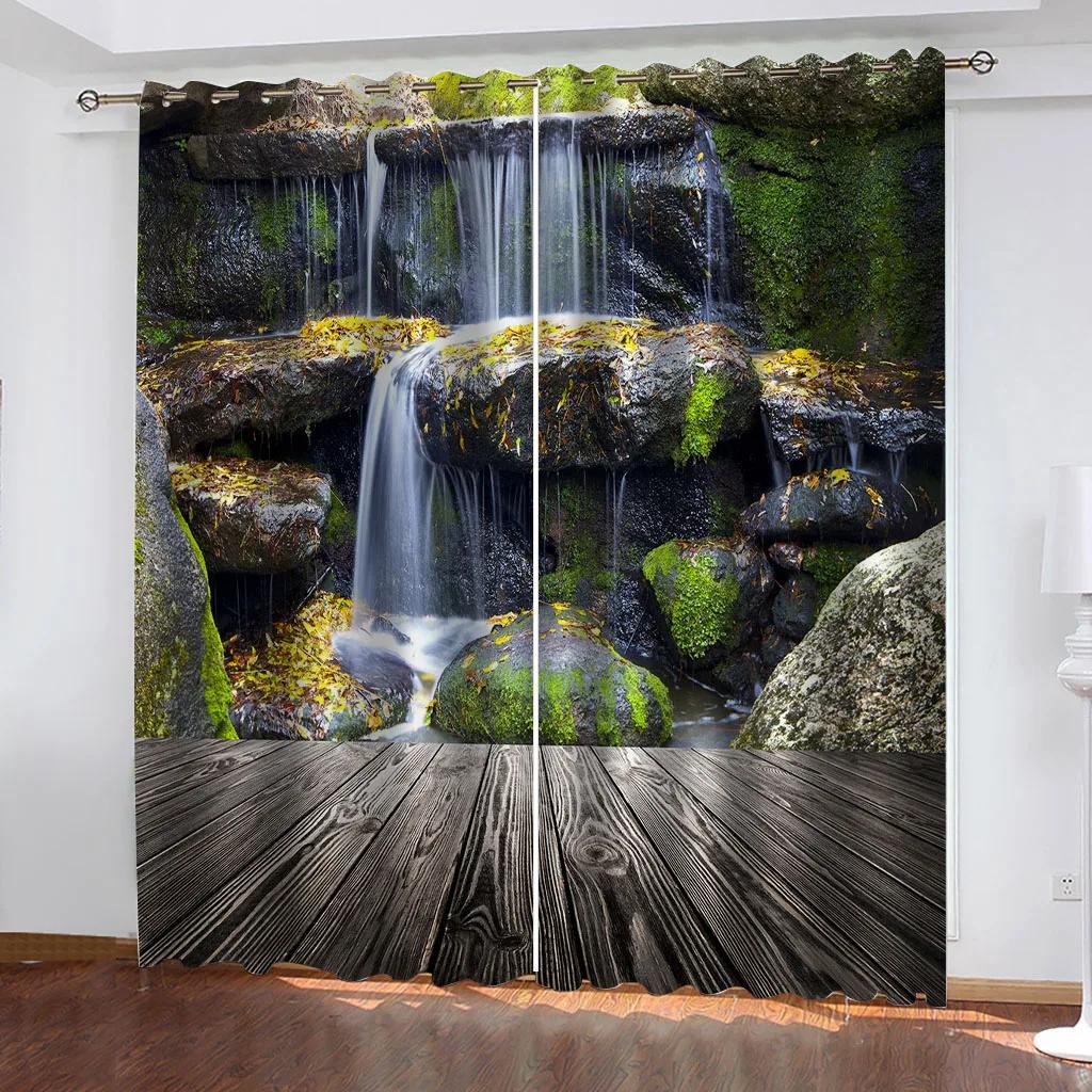 2 шт. шторы с изображением природы, леса, реки, для спальни, балкона, гостиной, занавеска для окна с принтом зеленого леса