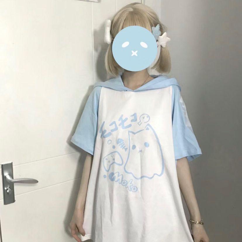 Kawaii T-Shirts Y2K Cute Cat Ear Cartoon Print Hooded Tees Women's Short Sleeve Shirt Summer Tops Women Girl Clothing