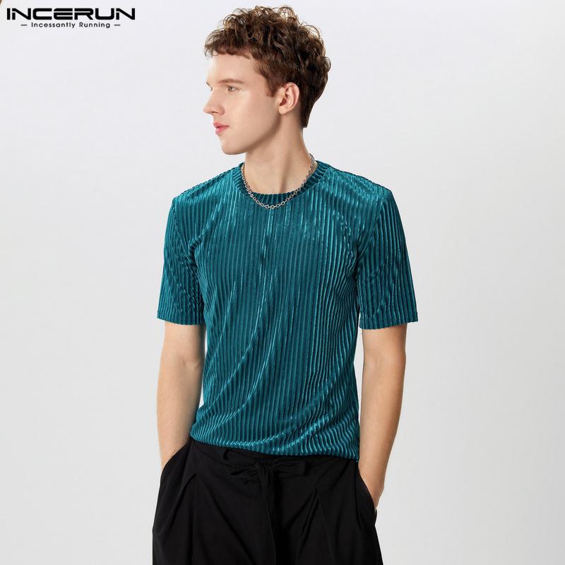 INCERUN Летние мужские футболки с коротким рукавом и круглым вырезом, повседневные блестящие футболки