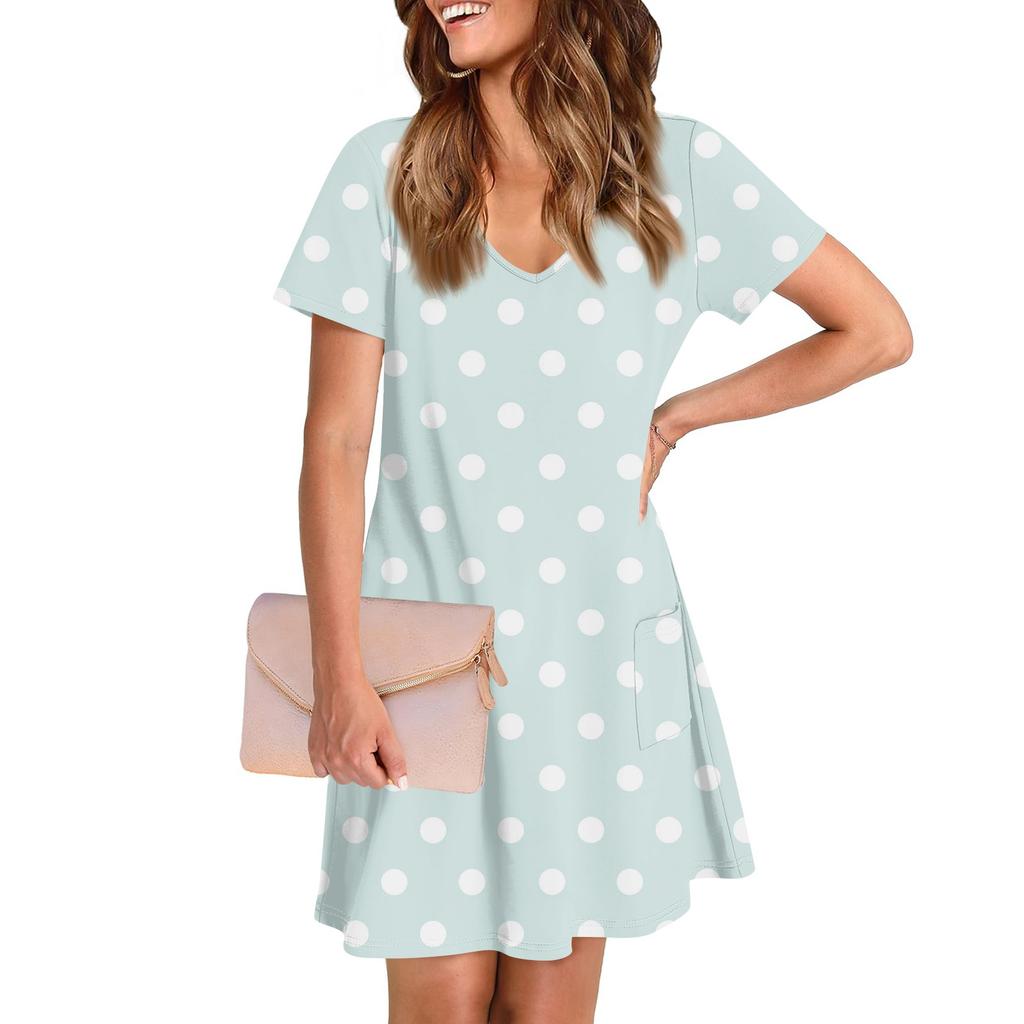 Женское повседневное и модное платье средней длины с V-образным вырезом и коротким рукавом с принтом
