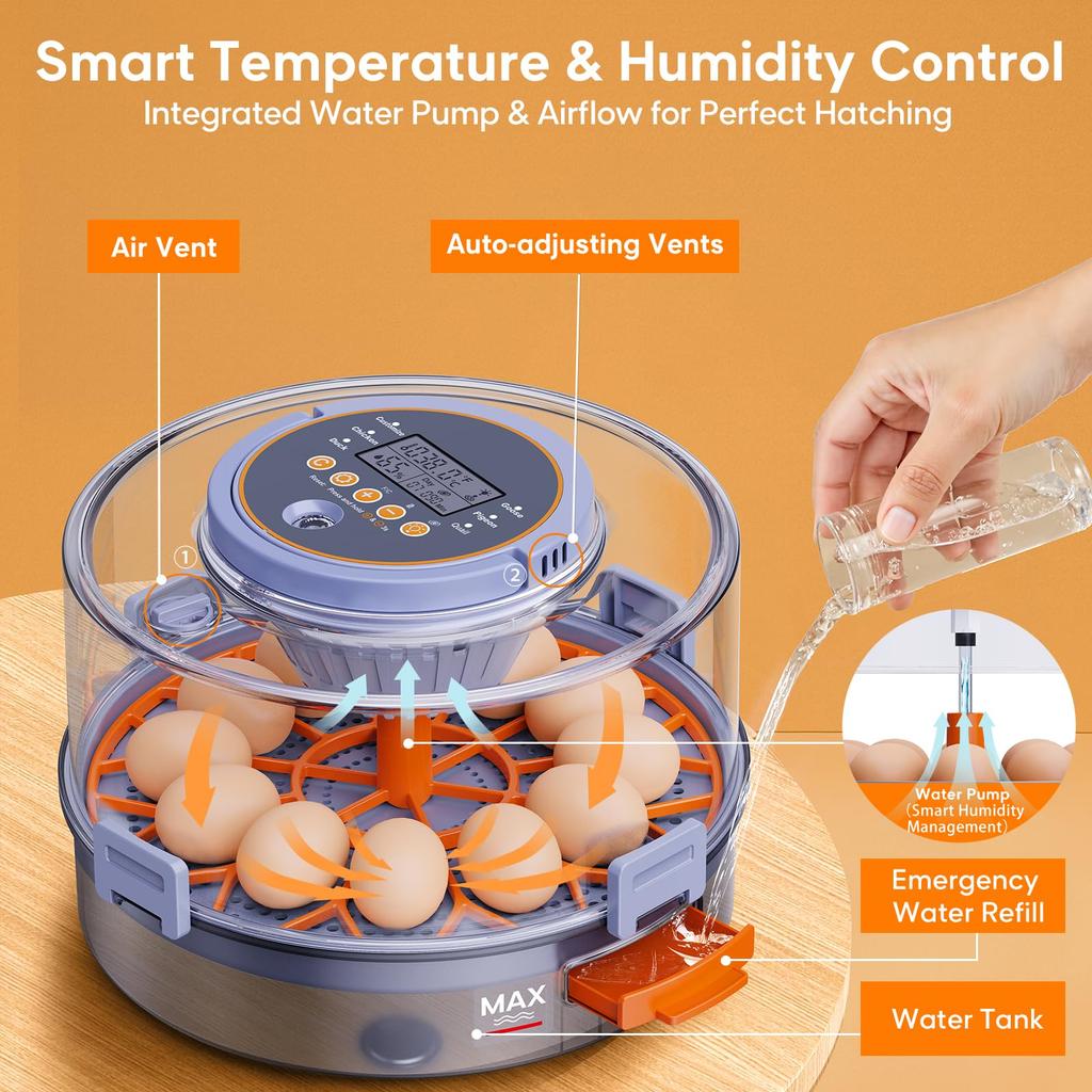 Egg Incubator with Automatic Egg Turning and Humidity Control, Intelligent Egg Incubator with Automatic Temp. Adjustment, 12 Egg