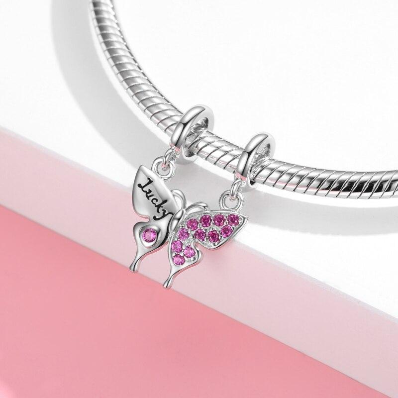 Pendants Butterfly Pink Zircon New Silver -Color Bead Fit Charm Original European Bracelet Charms For Jewelry Making