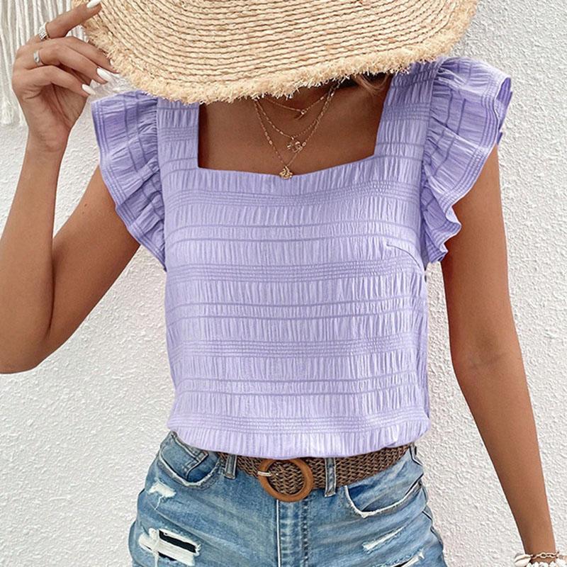 Женская летняя футболка с квадратным воротником и оборками, однотонный пуловер, топ