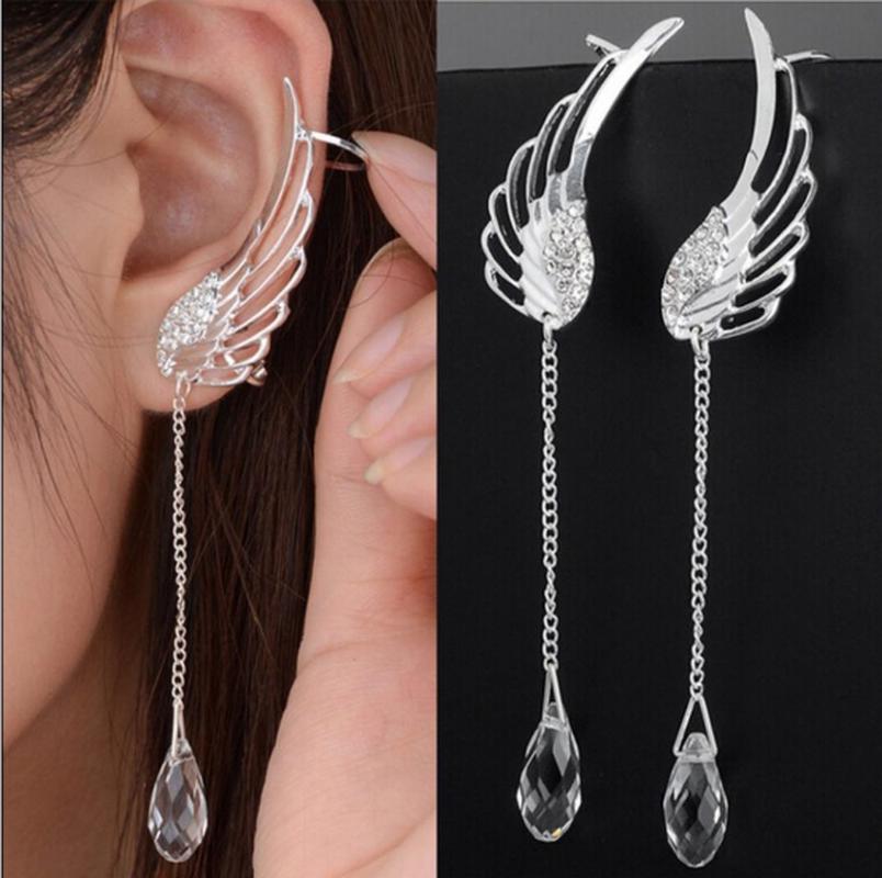 Cute Angel Wings Link Crystal Long Fringe Ear Clips Ms. Earrings Wedding Party Exquisite Jewelry