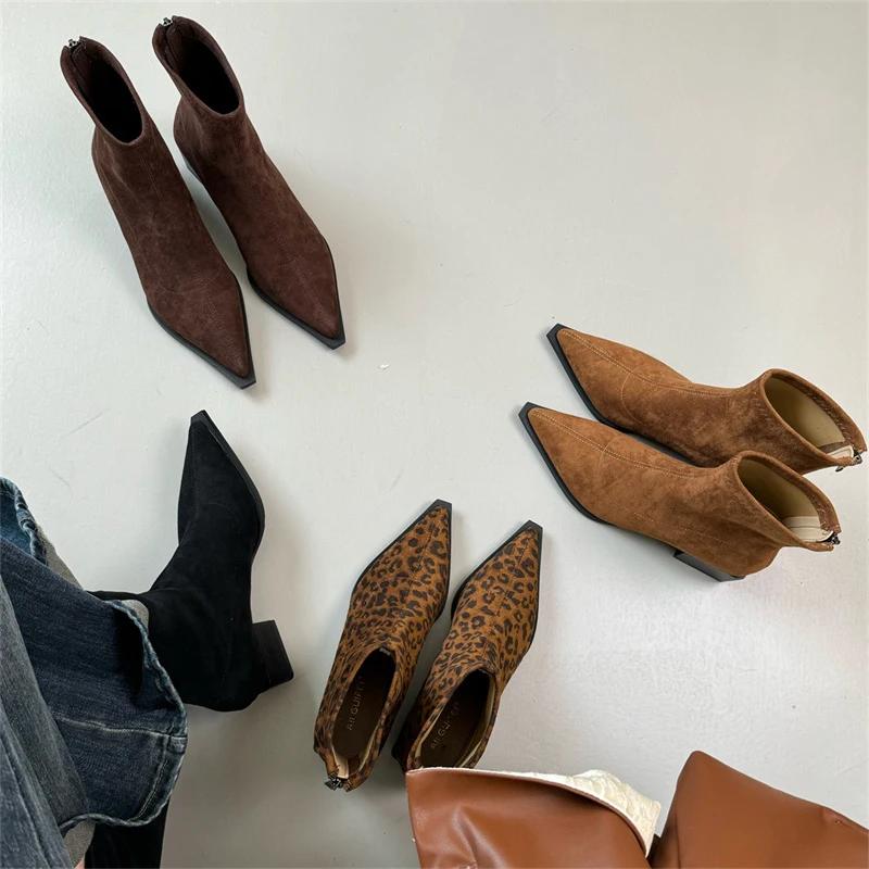 Дизайнерские женские ботильоны, модные, с острым носком, короткие, женские, повседневные, на толстом каблуке