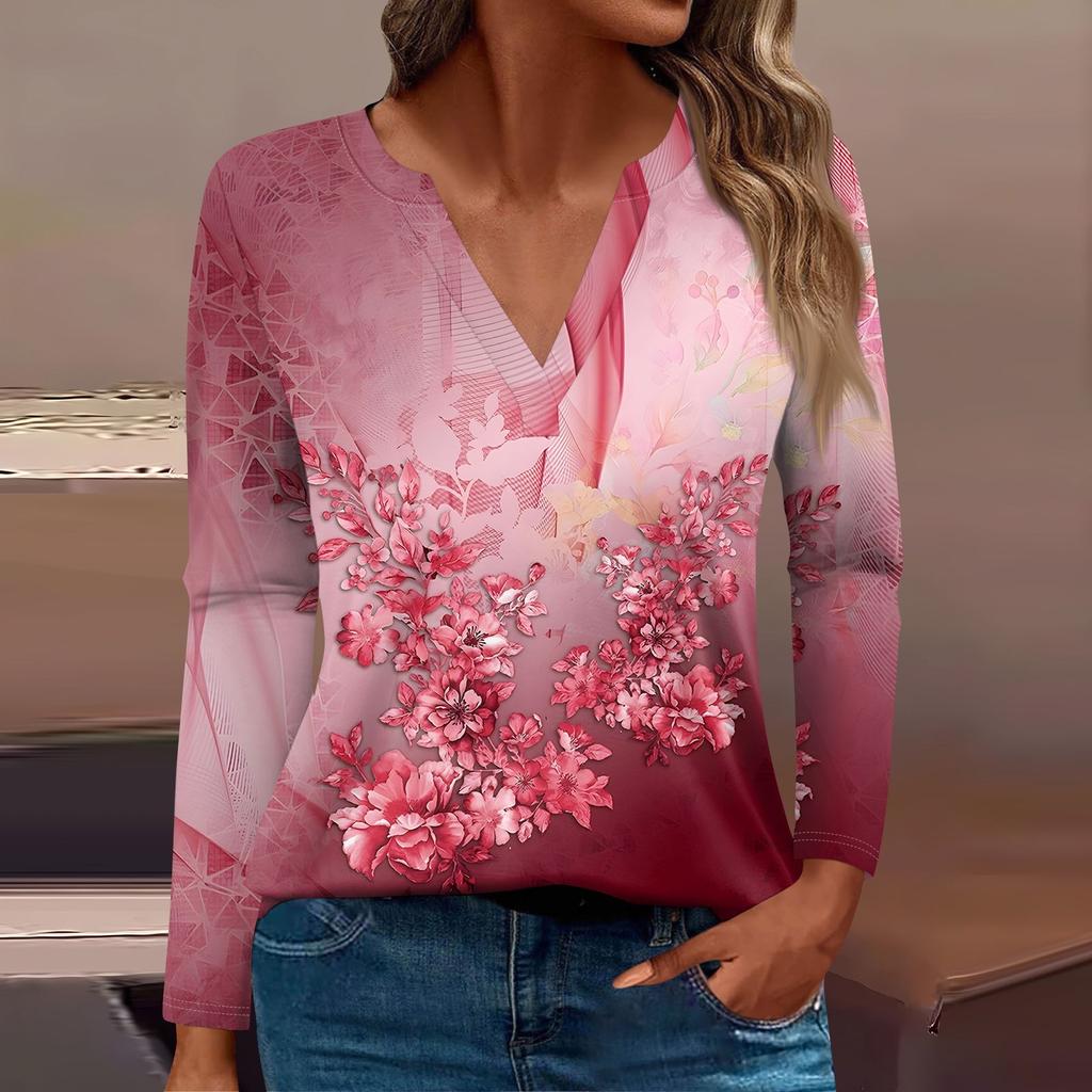 Женская модная повседневная футболка с V-образным вырезом и длинным рукавом, винтажный цветочный принт