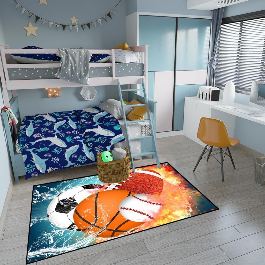 Basketball Rug for Boys Bedroom Kids Football Carpet Water Fire Sports Rugs for Boys Bedroom Baseball, Soccer Rug for Playroom