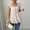 Корейская Милая Женская Рубашка Квадратный Воротник Блузки Рукава Летать Укороченные Топы Оборки Цветочные Летняя Блузка