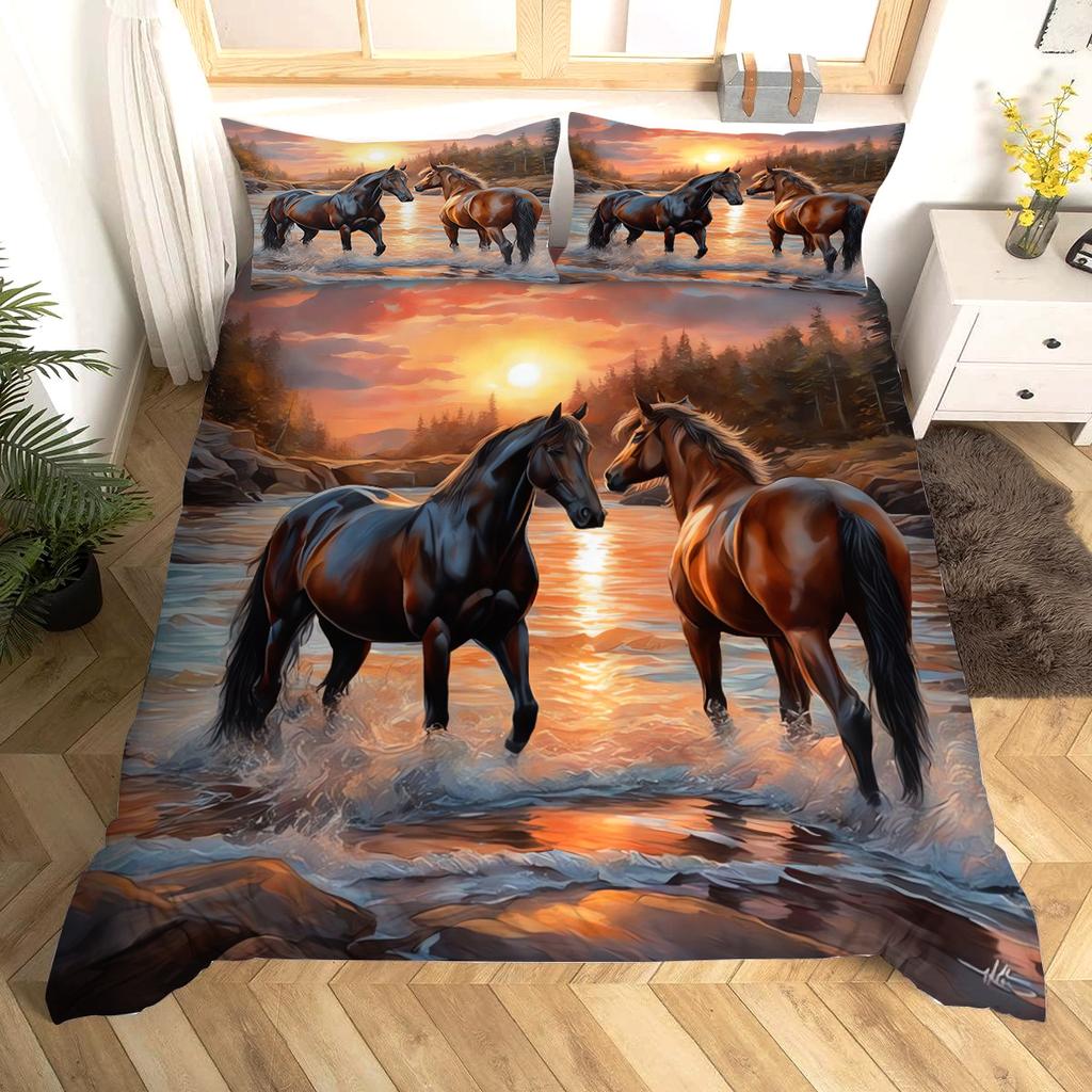 Three-Piece Bed Set, Xiyin 3D Digital Printing Polyester Polished Sunset Galloping Horse Quilt Cover