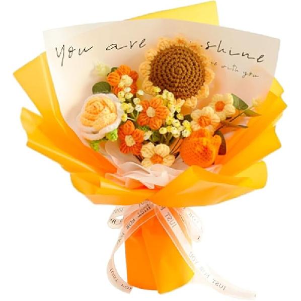 Crochet Flowers Bouquet Sunflower Rose : Handmade Knitted Bouquet for Mother's Day Birthday Home Decor Girlfriend (Pink)