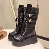 Милые Крутые Пряные Девушки Металлический Панк Стиль Ботинки на Платформе Локомотивы Женские Новые На Высоком Каблуке-Танкетке Высокие Рыцарские Ботинки