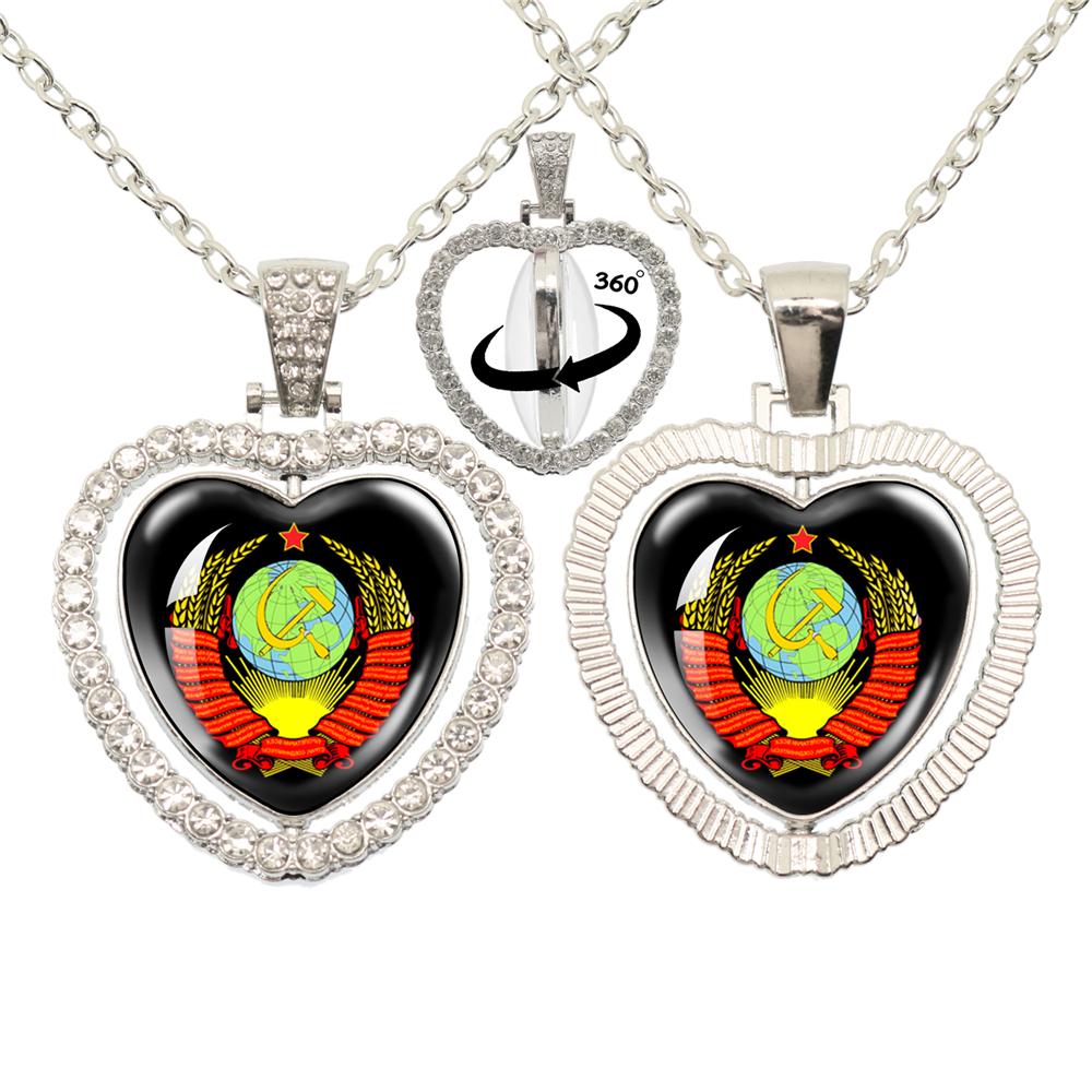 Vintage Ussr Soviet Badges Sickle Hammer Heart shaped Pendant Necklace Cccp Fashion 360 Degree Rotary Rhinestone Jewelry