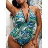 2025 Large Plus Size Halter Swimsuit Women One Piece Floral Printed Swimwear Female Bathers Bathing Swimming Swim Suit Beachwear