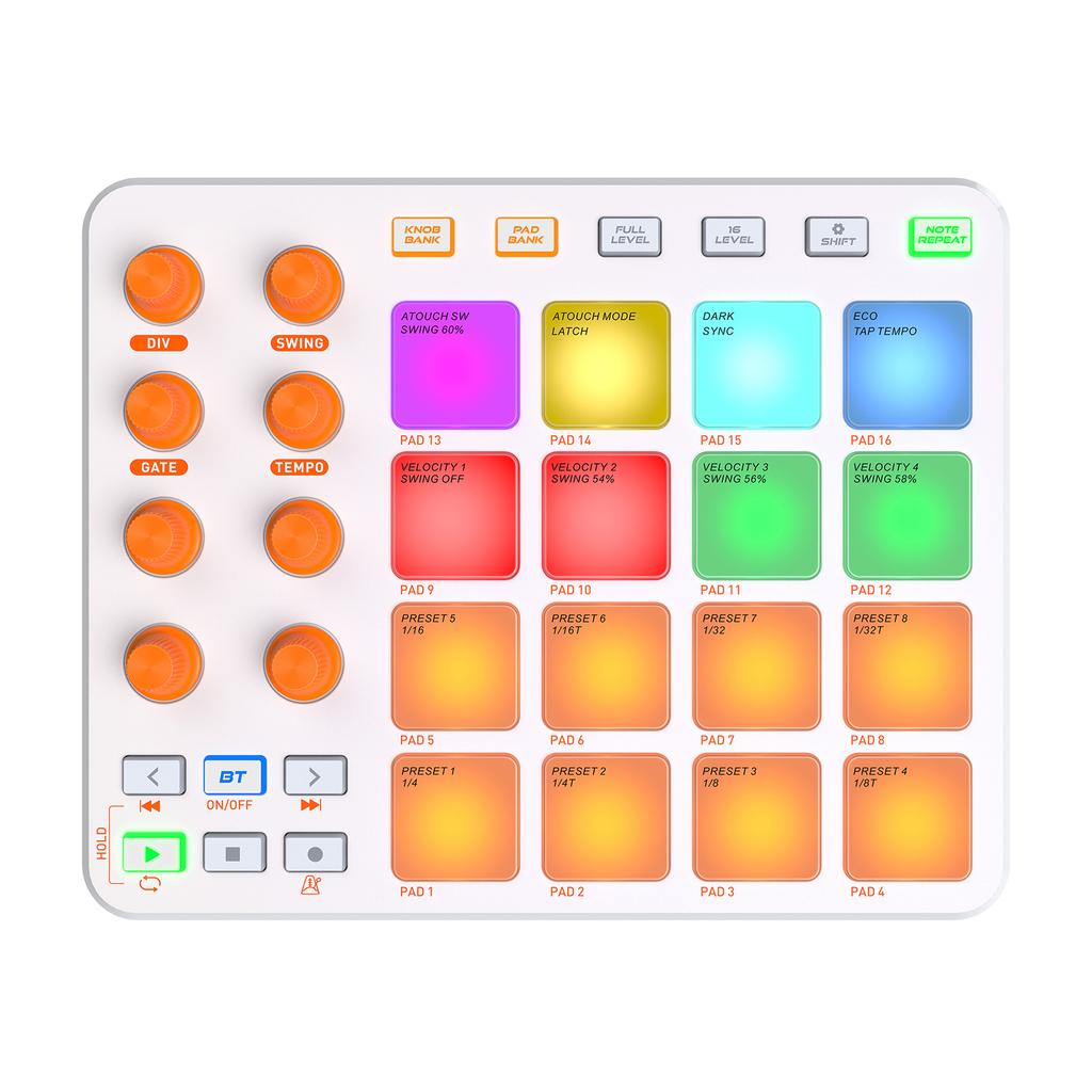 Беспроводной MIDI-контроллер MIDI-клавиатура пэды 16 RGB-пэдов 6 настраиваемых кнопок 8 ручек Перезаряжаемый Поддержка ПК Мобильное приложение для начинающих
