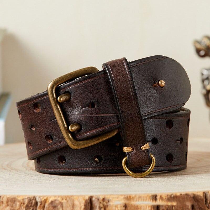 Мужской роскошный модный ремень с двойной булавкой из латуни, джинсы в стиле ретро, первый слой из натуральной яловой кожи, стильные мужские ремни из натуральной кожи