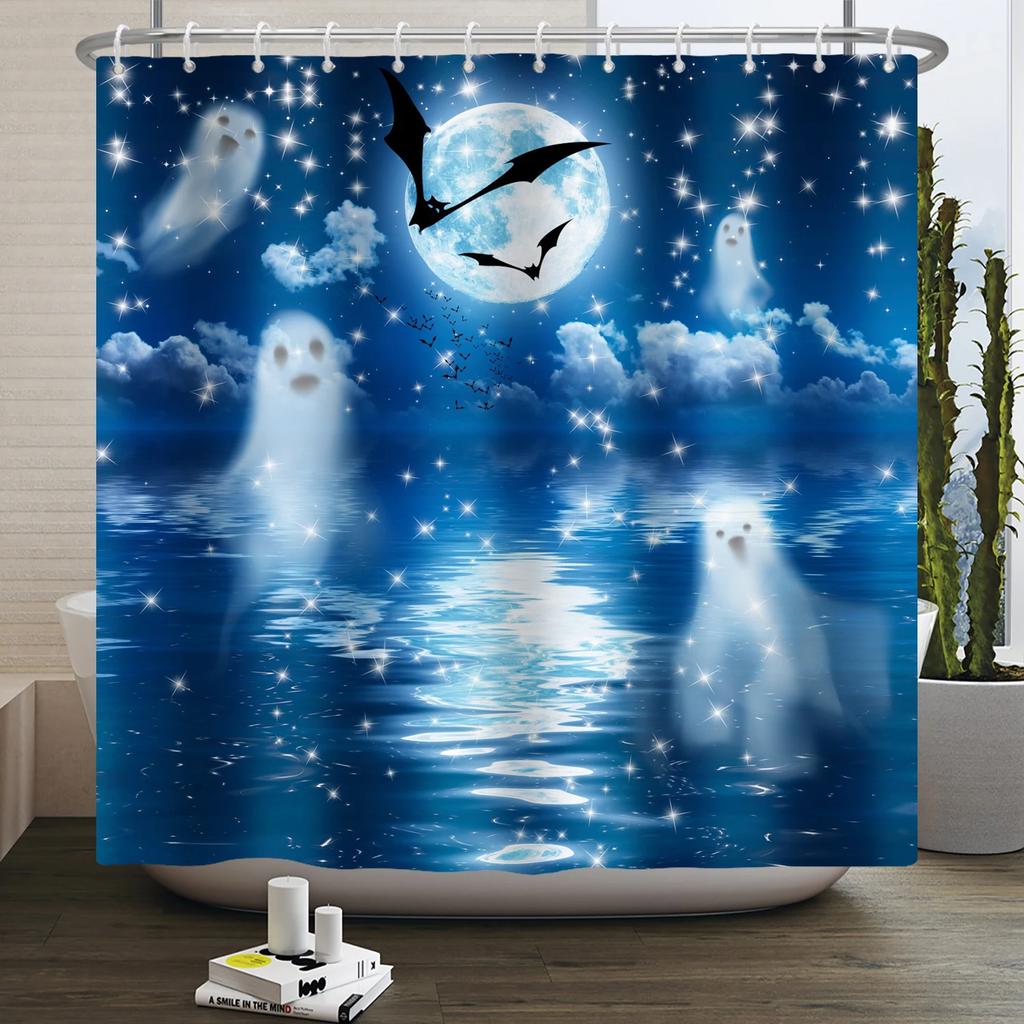 Хэллоуин Занавеска для душа Ужас Лунная ночь Тыква Череп Скелет Страшный Замок Ведьма Призрак Кладбище Водонепроницаемые Занавески для ванной