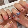 24pcs Press On Nails Fashion Plaid Cartoon Smiling Face Style Pink Transparent Short Nail Art Pieces