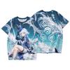 Game Anime Character 3D Printed T-shirt, Blue White Character Graphic Short Sleeve Casual Streetwear Top