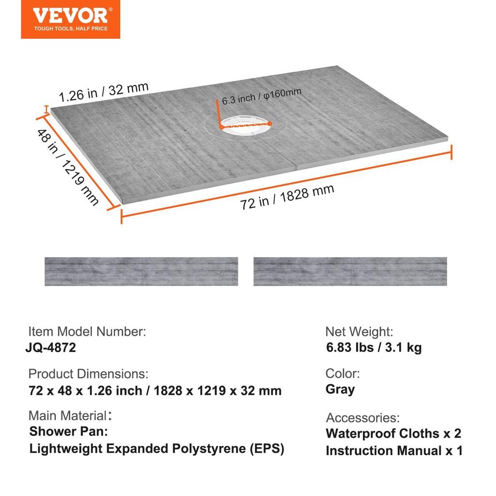 Shower Curb Kit, 1219x1828mm Shower Pan Kit with 160mm Central Drain, Lightweight EPS Shower Installation Kits with 2 Waterproof Cloths, Shower Pan