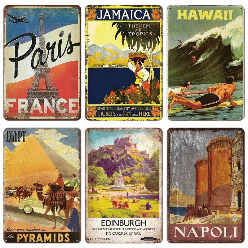Mfoever Vintage City Landscape Tin Sign London Mexico Paris Florida Posters Travel Scenery Wall Stickers Iron Painting Bar Decoration