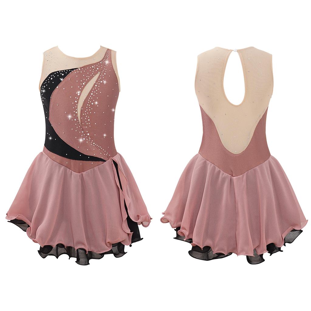 Girls' Figure Skating Dress Sleeveless Glitter Rhinestone Ballet Leotard Dress Competition Costume Gymnastics Suit