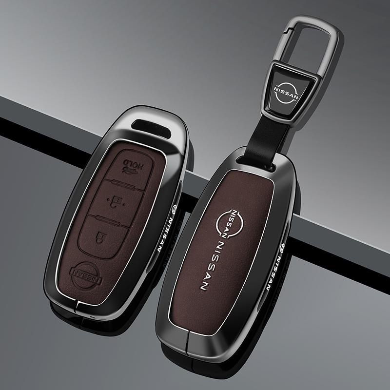 Car Zinc w Alloy Key Bag Leather Shell Case Cover For Nissan Versa Qashqai Maxima Rogue Armada Sentra X-Trail 3 Buttons 2022 2023