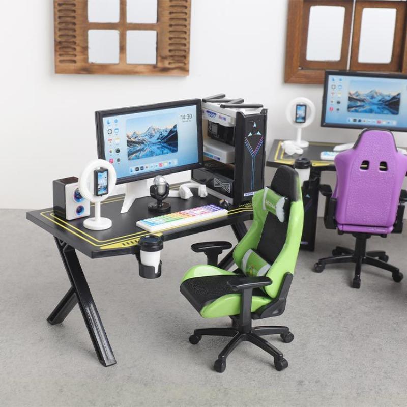 Tiny Gaming Desk Chair Set 1/12 Dollhouse Size with Simulated Monitor Host Model for Doll House Collection DIY Decor