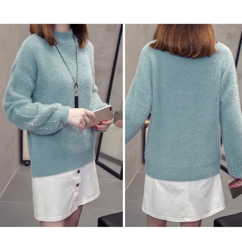 Нечеткий свитер для женщин, бархатный свитер из искусственной норки, женский пуловер с бисером, нижняя рубашка, корейские свитера из мохера с высоким воротом и длинными рукавами