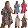 Summer Women Dress Lace-up Bow Decor Hollow Out O Neck Leopard Print Short Puff Sleeves Solid Color A-line Pleated Dating Party Mini Dress