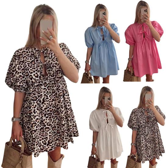 Summer Women Dress Lace-up Bow Decor Hollow Out O Neck Leopard Print Short Puff Sleeves Solid Color A-line Pleated Dating Party Mini Dress