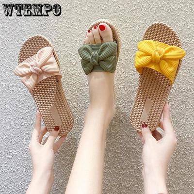 Тапочки на плоской подошве с галстуком-бабочкой, милые женские нескользящие сандалии, легкие, простые и повседневные летние сандалии