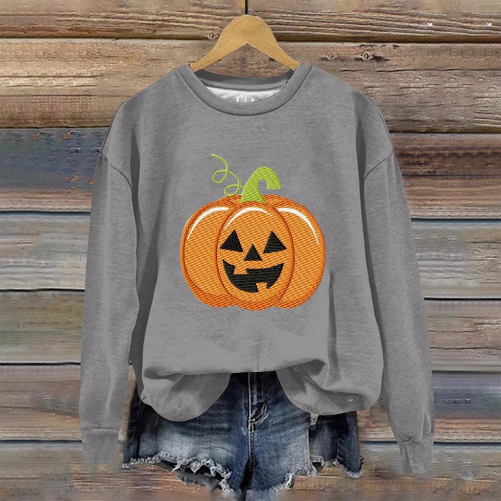 Женская мода Хэллоуин с длинным рукавом с принтом Свободная толстовка с круглым вырезом Топ