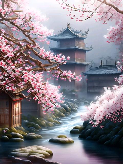 Японская вишня в цвету 5D DIY алмазная живопись водопад храм пейзаж полная алмазная мозаика вышивка крестиком