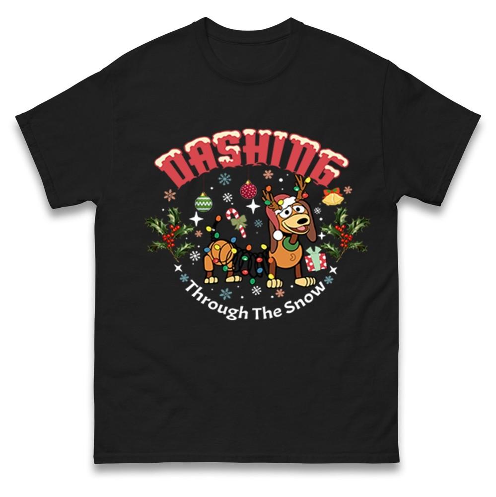 Dashing Through The Snow TShirt Christmas Dog Reindeer Funny Family Tee Top