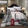Paris Tower London City Scenery Big Ben Red Telephone Booth Bus Print Bedding Set Quilt Duvet Cover+Pillow Case US AU EU Size