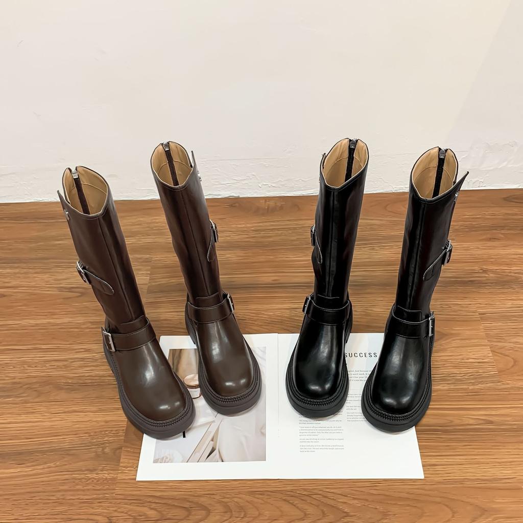 Мягкие кожаные полусапоги Ковбойские сапоги Вестерн Женские с пряжкой на ремне Корейская версия Ретро рыцарские сапоги Коричневые сапоги ботфорты