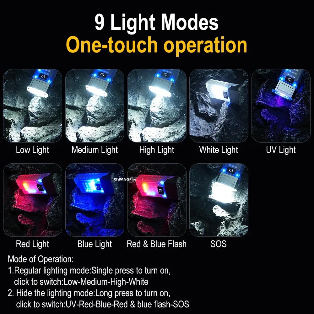 Multifunctional EDC Pocket Led Flashlight Rotating Cap Clip Torches Magnetic Mini Keychain UV Led Torch Light Rechargeable Lamp