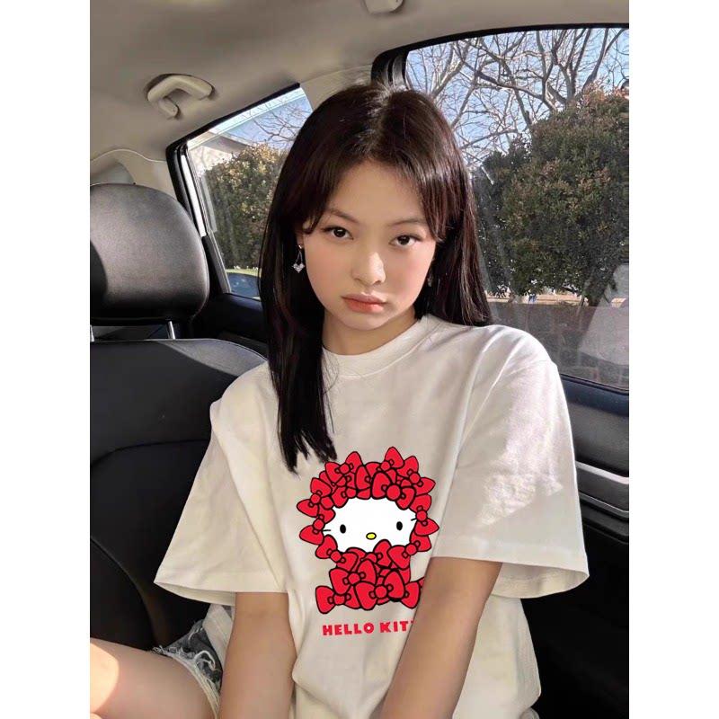 2026 новая футболка Hello Kitty из мягкого хлопка с коротким рукавом и круглым вырезом, милый принт, легкий летний топ для женщин, повседневная одежда