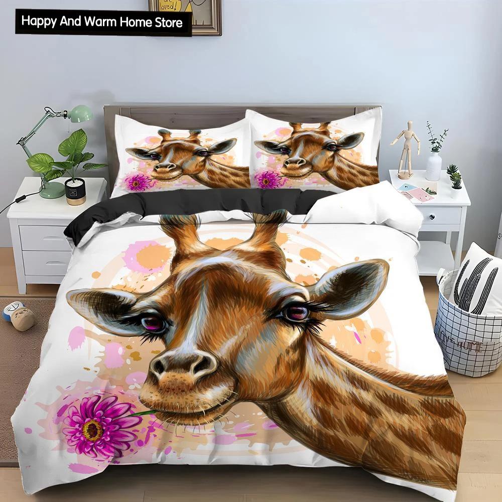 Cartoon Giraffe King Queen Duvet Cover Boys Girls Animal Bedding Set Wildlife Quilt Cover Polyester Comforter