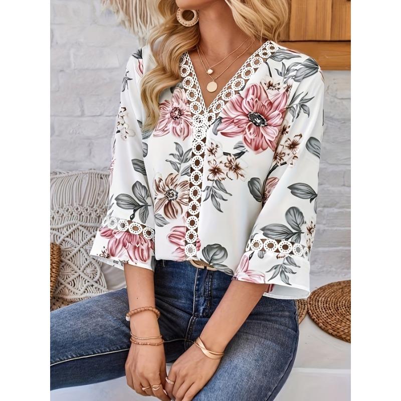 YYFS Женские модные повседневные летние весенние блузки и рубашки с цветочным узором и рукавами 3/4 с v-образным вырезом