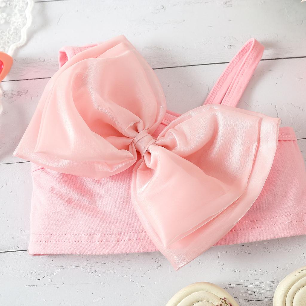 Летний детский комплект из двух предметов: джинсовые шорты с кружевом и сетчатым бантом на одно плечо для девочек